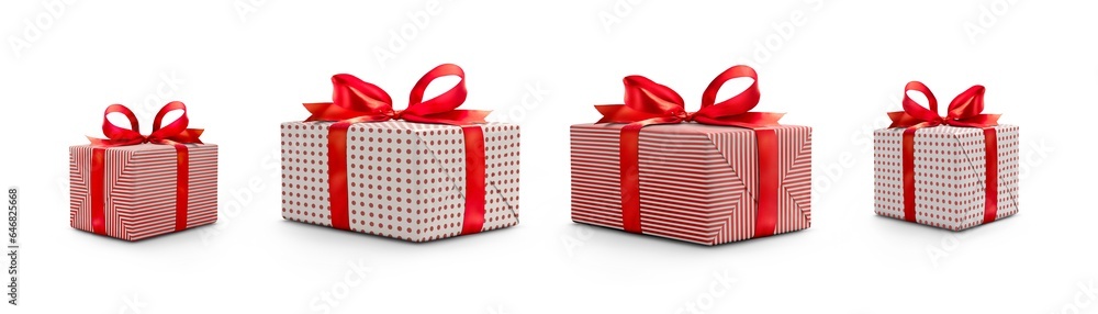 A collection of white and red gift wrapped Christmas presents with red ribbon bows isolated against a transparent background. - obrazy, fototapety, plakaty 