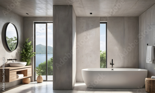 Minimalist style interior design of modern bathroom with concrete wall. AI generative.