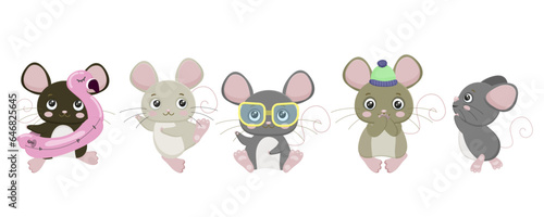Cartoon mouse set. Cute rat character collection. Small animal. Funny, happy and cheerful little pet with tail, ears. Rubber ring. Stylish sunglasses. Isolated on white background. Vector illustration