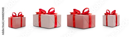 Obraz na płótnie A collection of white and red gift wrapped Christmas presents with red ribbon bows isolated against a transparent background. w salonie