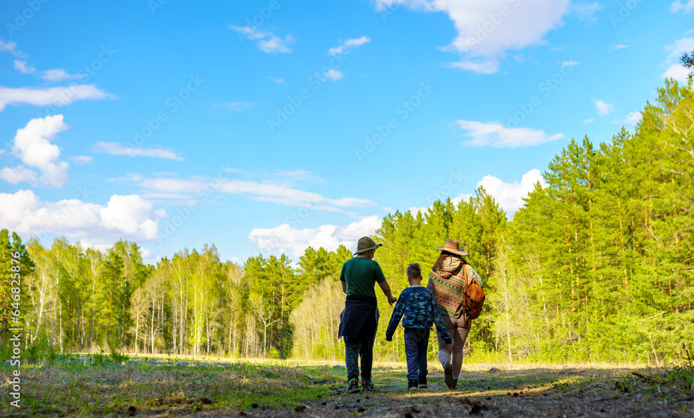Obraz premium Mother and sons walking in the countryside 