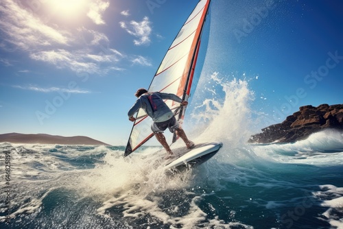 Exhilarating experience of windsurfing from a first-person perspective. photo