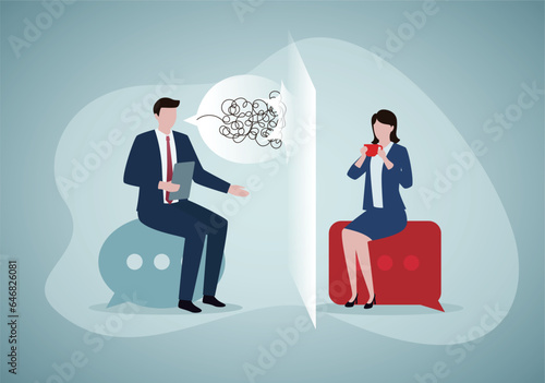 Business people meeting talking. Bad communication, misunderstanding create confusion in work.Refuse to talk.