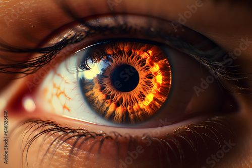 close-up beautiful eye female person. burning glowing fire in the eye.