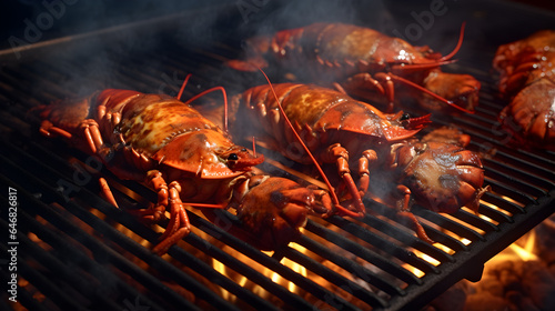 lobsters on the grill. grilling lobster over hot flame