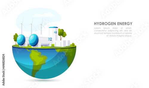 Hydrogen power station on half of globe. Green, clean and ecological energy production. Environmental, alternative resource. Renewable fuel. Industrial technology, modern windmill. Vector illustration