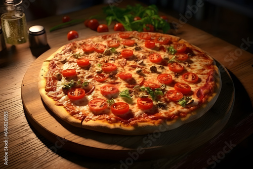 a pizza is on a wooden board and is topped with tomatoes. black background