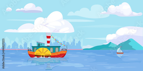 Marine seascape with paddle steamer and sailing boat. Vintage steamboat, retro ship, passenger trip, river travel. American vessel, historic transport. Cityscape with mountain. Vector illustration