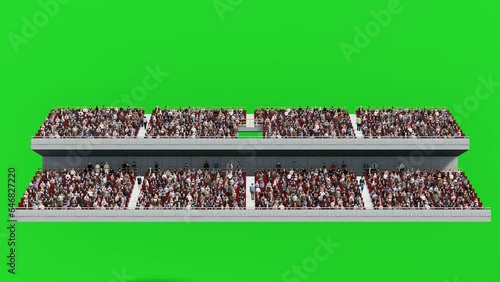 Green Screen 3D Crowd on Two Floor Stadium,Front View Isolated Graphic People Sitting and Walking Animation for Sport Scene