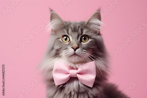 Cute cat with pink bow tie on background. © Pacharee