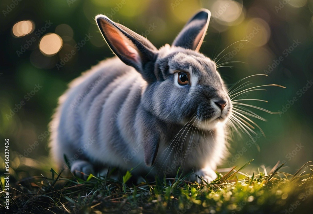 AI generated illustration of a grey rabbit sitting on green grass