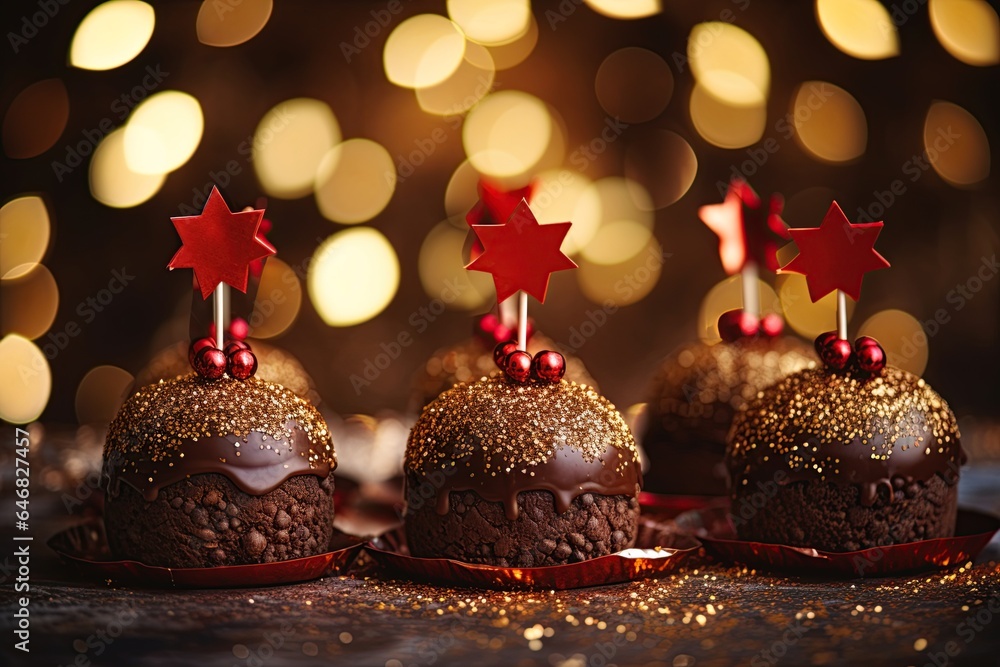 Chocolate brownies decorated in Christmas style. Bokeh lights background. Generative Ai Chocolate brownies decorated in Christmas style. Bokeh lights background. Generative Ai