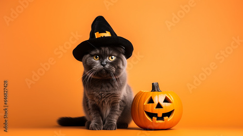 Adorable Cat Wearing a Cute Halloween Costume Looking Lovingly - Against a Vibrant Background with Studio Lighting Effect and Copy Space - Spooky Season - Pumpkin or Jack-O-Lantern 
