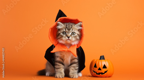 Adorable Cat Wearing a Cute Halloween Costume Looking Lovingly - Against a Vibrant Background with Studio Lighting Effect and Copy Space - Spooky Season - Pumpkin or Jack-O-Lantern 