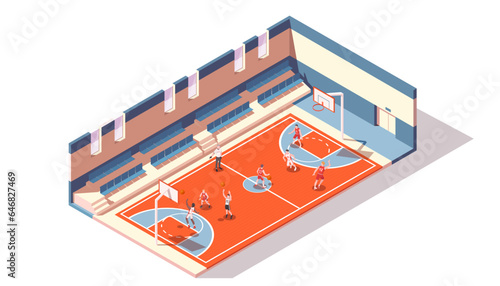 Basketball hall, sportsman play game at court, sport activity. Perfect place for match, athlete training, competition. Concept of exercise for tournament. Isometric vector illustration
