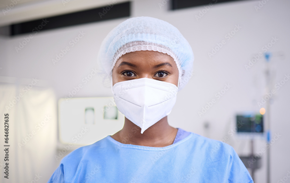 Portrait, black woman and doctor with a mask, safety and protection in a hospital, surgeon and physician. Face cover, medical professional and employee in a clinic, regulations and healthcare policy Portrait, black woman and doctor with a mask, safety and protection in a hospital, surgeon and physician. Face cover, medical professional and employee in a clinic, regulations and healthcare policy