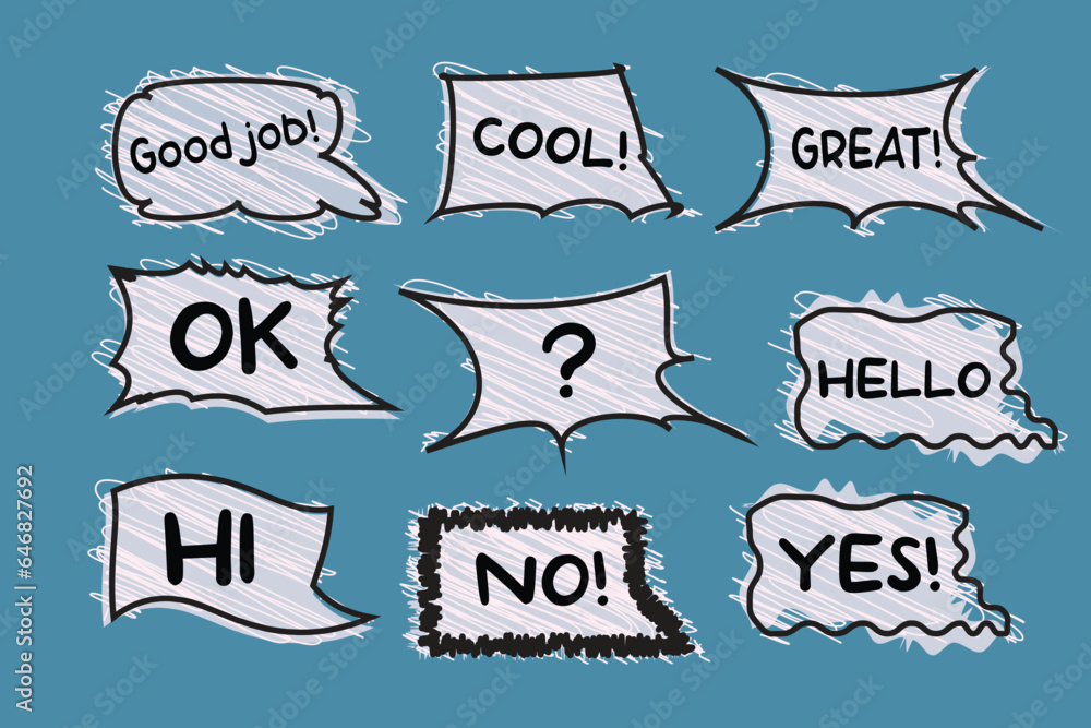 Fototapeta premium Bubble comic speech set stickers design for any purposes Social network vector illustration blank in flat style chat symbol label tag dialog word Online chat clouds with different words comments Cute