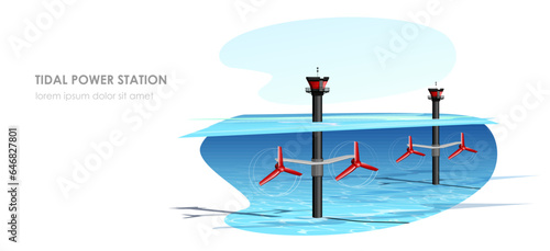 Tidal power station. Alternative ecological electricity production. Ocean and sea renewable clean resource. Modern technology. Water flow, electric generation. Vector illustration
