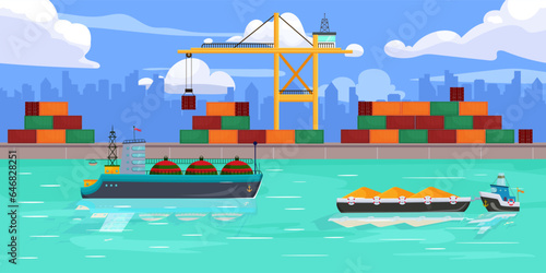 Urban port seascape. Large tanker. Tug with sand. Lifting crane. Cityscape in background. Water canal. Pier and dock with container. Business export shipping. Commercial delivery. Vector illustration
