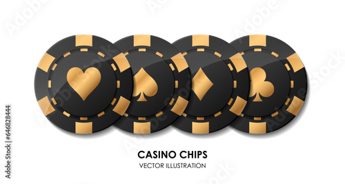 Black and golden casino poker chips. Collection of diamonds, hearts, clubs, spades tokens. Money, game, gambling. Private club. Raise bet. Try luck. Luxury entertainment. Vector illustration