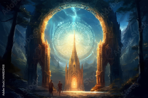 Fantasy landscape with a fantasy portal to another world. Magic ancient temple. Mystical gothic church. Fairy Kingdom. Fantastic scene. Fantasy castle. Digital vector painting