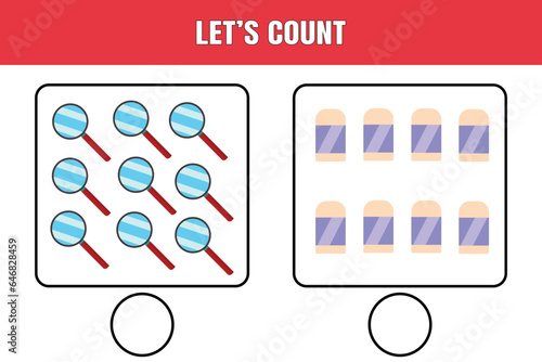 Let's count. Educational math game for kids. Printable worksheet design for preschool, kindergarten or elementary students.