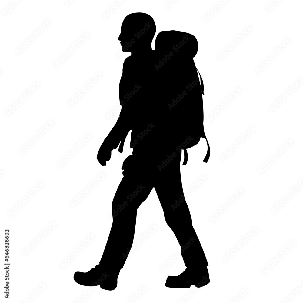 Adventure man backpacker silhouette. Vector illustration