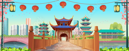 Entrance on the chinese bridge in perspective. Big Panorama chinese street with old houses, chinese arch, lanterns and a garland. Ancient temples. Chinese New Year. Vector illustration of city street.