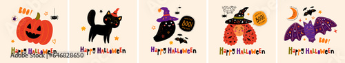 Vector Halloween collection with cute symbols of Halloween