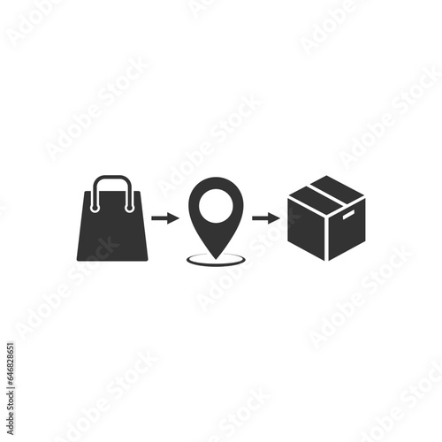 Click and collect order, icon, delivery truck, delivery services steps, receive order in pick up point, e-commerce business concept, vector illustration