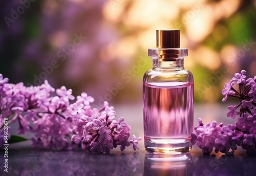 Glass bottle with essential oil among the lilac blossoms