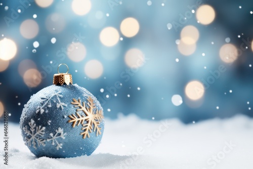 Christmas bauble decoration, blue Christmas ball on snow, bokeh lights background, copy space