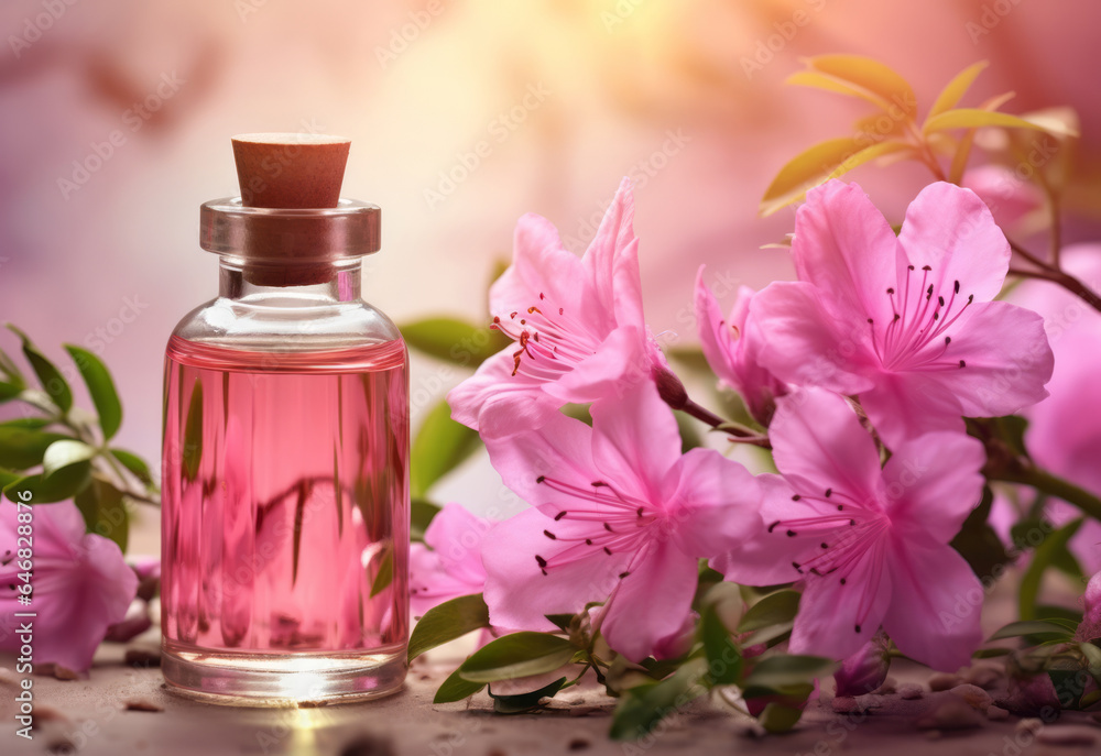 Glass bottle with essential oil among the wild azalea blossoms