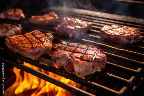 Close up view of beef steaks grilling on a bar b q flame barbeque