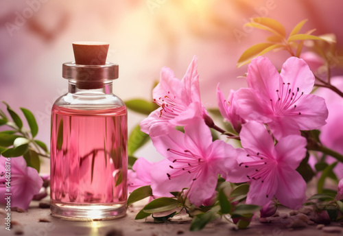 Glass bottle with essential oil among the wild azalea blossoms