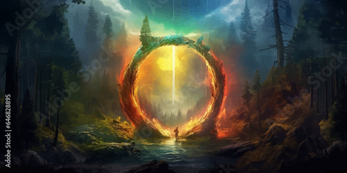 Magical Fire portal in the shape of a circle in Mystical dark forest. Magic lights. Fantasy gate. Gateway to another realm. Wonders. Unknown. Shimmering magic ring. Journey. Vector illustration