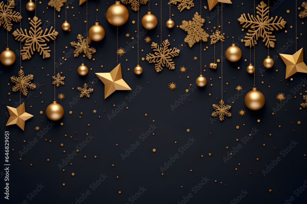 Fototapeta premium Weihnachtliche goldene Dekoration auf dunklem Hintergrund, Weihnachtskarte, erstellt mit generativer KI
