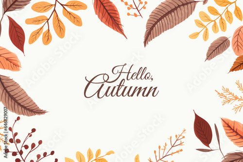 Hello autumn background, poster design. Banner with bright beautiful tree, leaves frame. Autumnal template