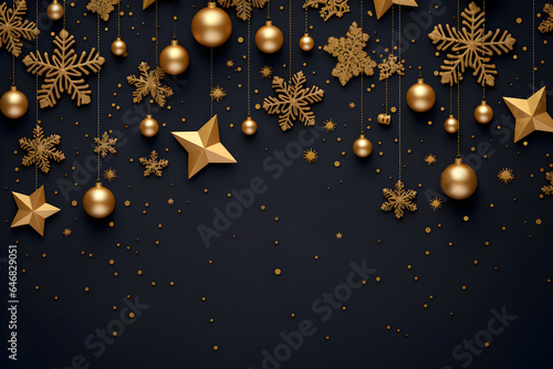 Weihnachtliche goldene Dekoration auf dunklem Hintergrund, Weihnachtskarte, erstellt mit generativer KI