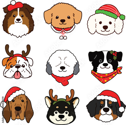 Simple and cute Christmas illustrations with adorable dogs faces with outlines