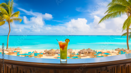Vibrant, wide-angle shot of a tropical bar with colorful cocktails and azure ocean backdrop.