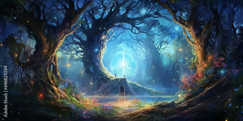 Magic portal in the forest. Fantasy landscape with an alien planet. Fantasy Night forest. Fairy tale. Portal. Digital vector painting