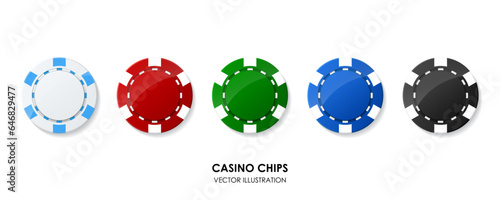 Set of colorful casino poker chips. Collection of white, red, green, blue, black tokens. Gambling game. Raise money. Try luck. Play roulette Isolated on white background. Vector illustration