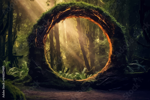 Magical Fire portal in the shape of a circle in Mystical dark forest. Magic lights. Fantasy gate. Gateway to another realm. Wonders. Unknown. Shimmering magic ring. Journey. Vector illustration