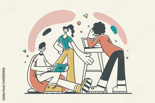 Coworking space concept with people scene in flat retro design for web. Colleagues works at laptop, brainstorming at meeting in office. Vector illustration for social media banner, marketing material.