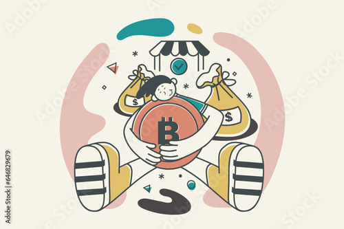 Crypto market concept with people scene in flat retro design for web. Man trading bitcoins at cryptocurrency stock exchange platform. Vector illustration for social media banner, marketing material.