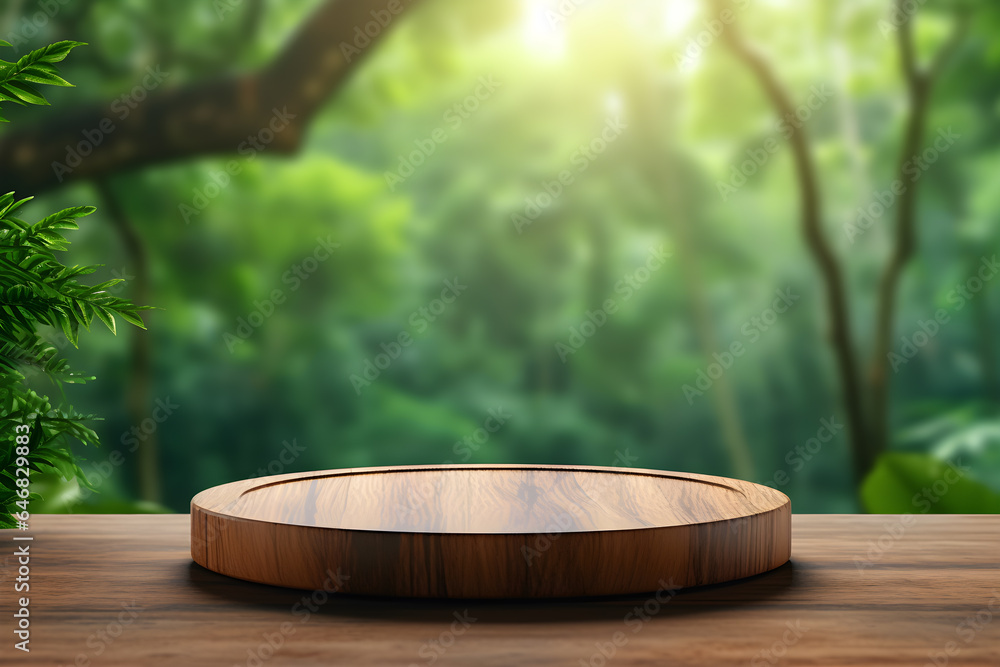 Natural style. Wooden cutout, round podium, presentation display stand. Natural style. Wooden cutout, round podium, presentation display stand.