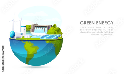 Hydroelectric power station on half of globe. Water dam. Energy plant. Electricity generation, river flow. Renewable resource. Industrial technology. Environmental, green source. Vector illustration