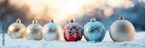 Christmas baubles decoration, Christmas balls on snow banner, bokeh lights background