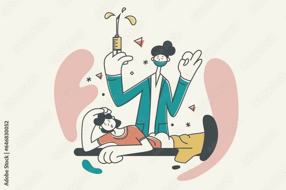 Obraz premium Medical center concept with people scene in flat retro design for web. Doctor with syringe doing vaccination injection to patient. Vector illustration for social media banner, marketing material.